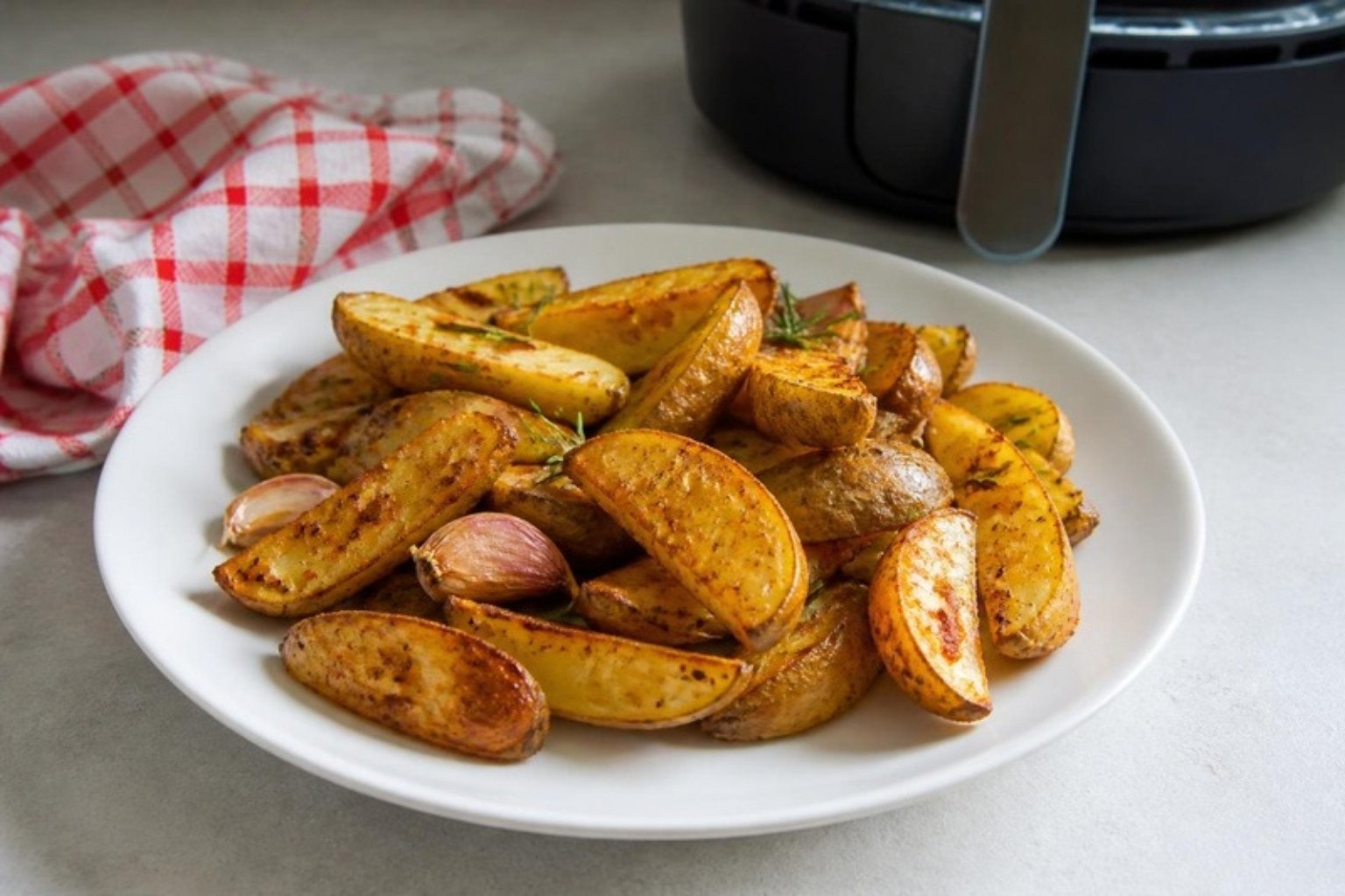 Prato branco com batata rústica dourada feita na air fryer, com a air fryer ao fundo