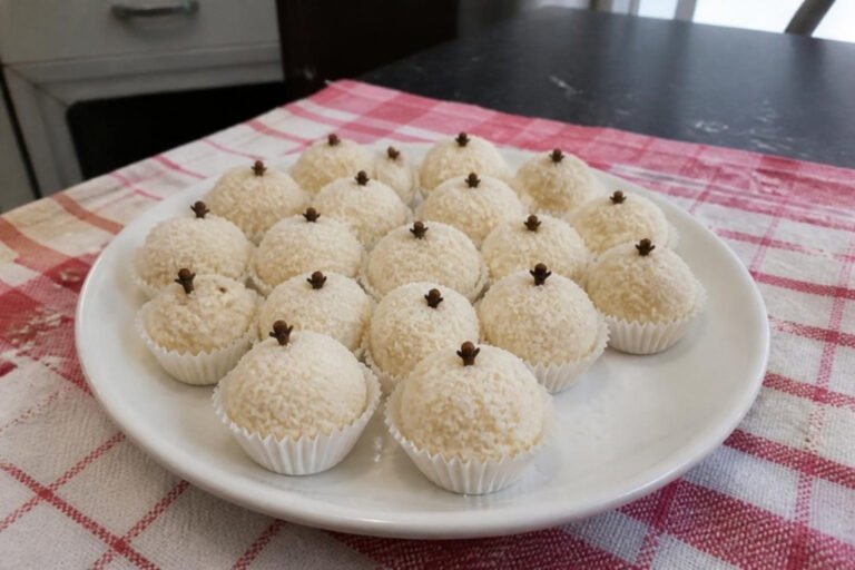 Beijinhos de coco com cravo em forminhas de papel, num prato branco sobre pano xadrez vermelho