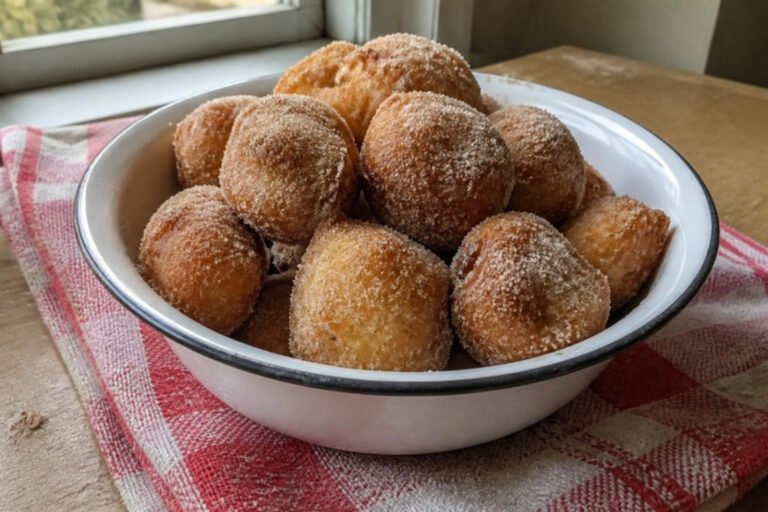 Bacia esmaltada branca com bolinhos de chuva passados no açúcar e canela, sobre pano xadrez vermelho