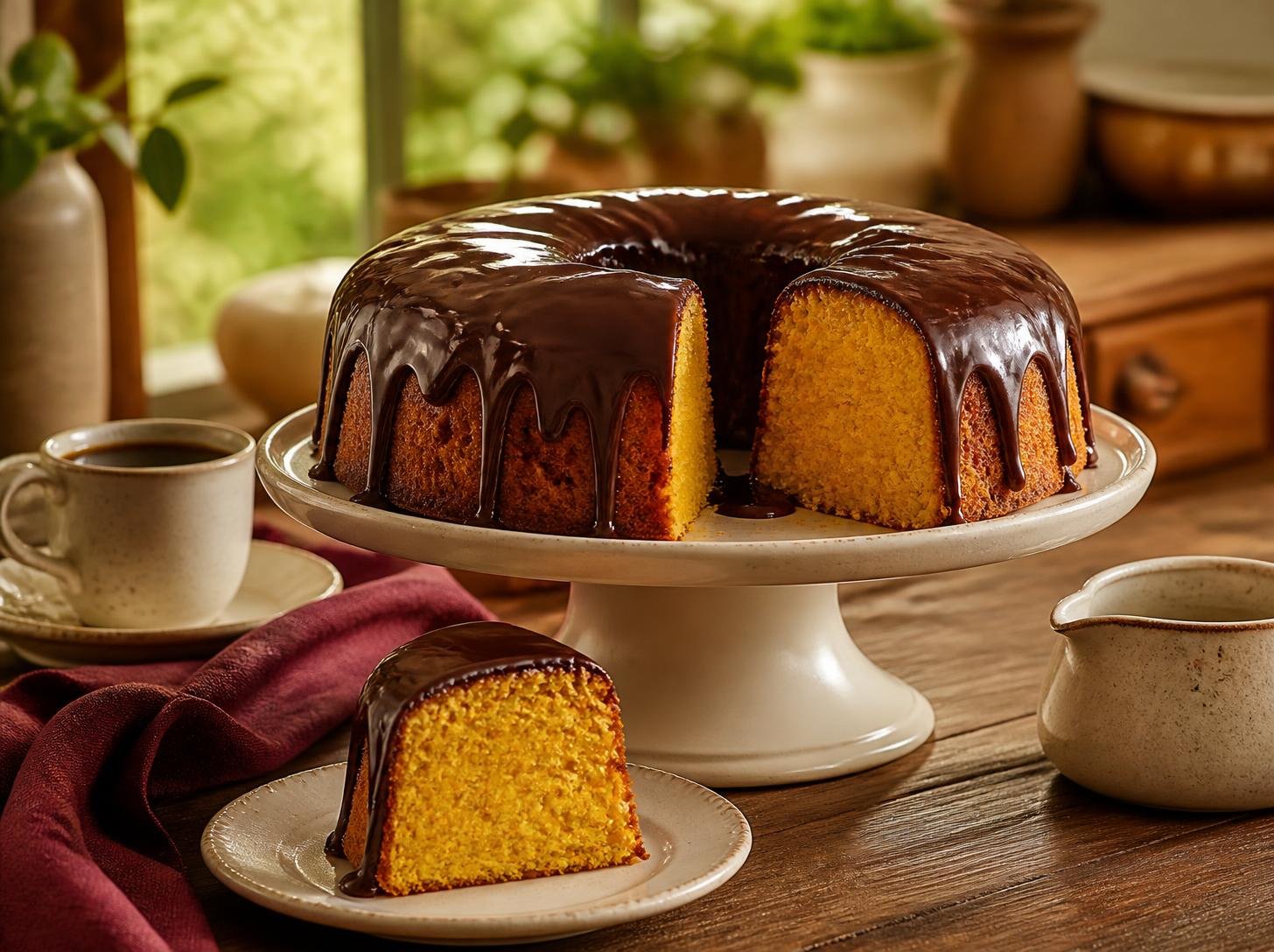 Bolo de cenoura fofinho com cobertura de chocolate brilhante e uma fatia cortada mostrando a massa alaranjada
