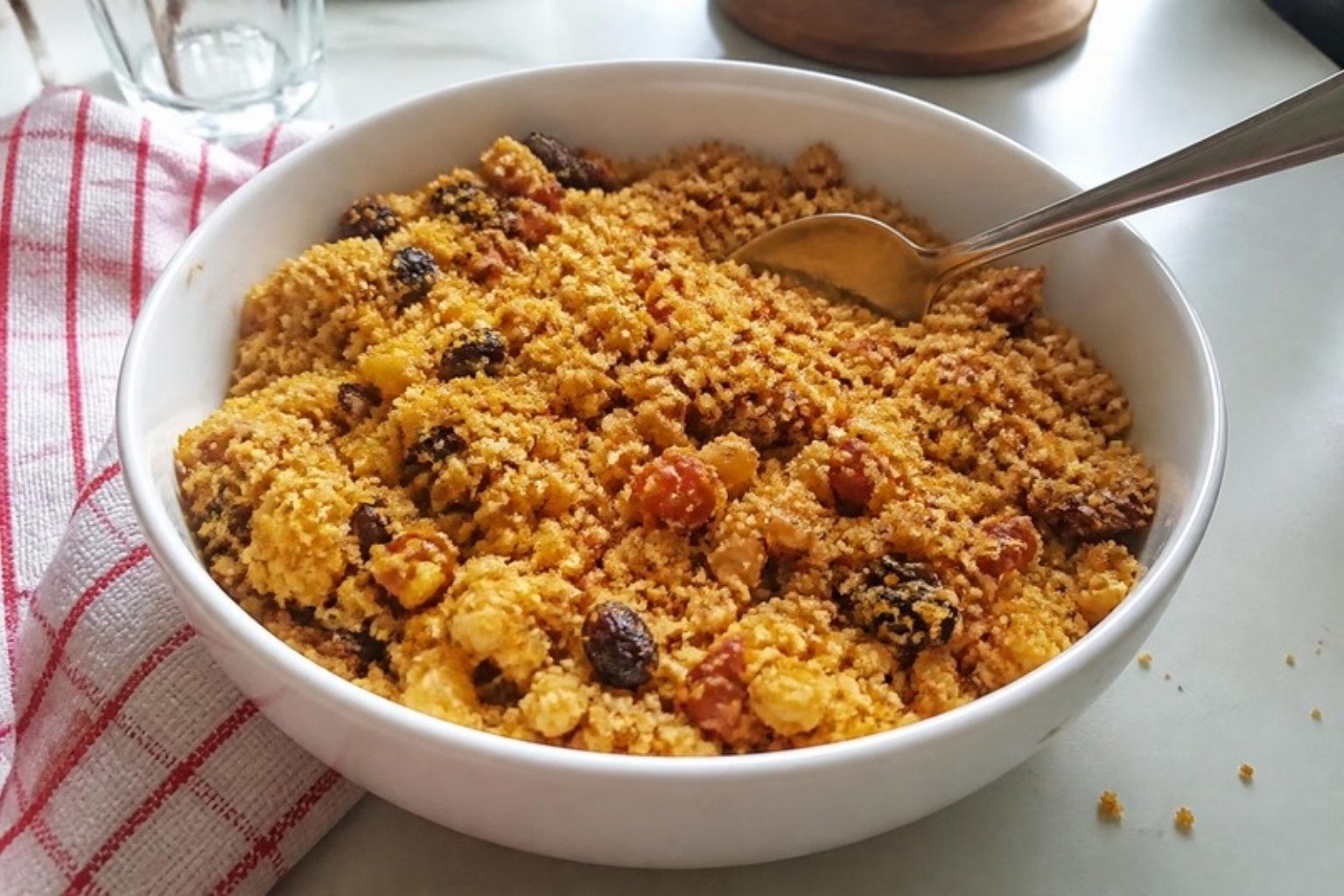 Tigela branca com farofa de Natal dourada com bacon, uva-passa e castanha, ao lado de um pano xadrez vermelho