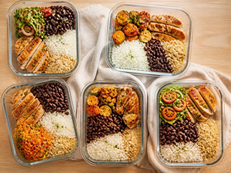 Marmitas da semana com arroz, feijão, frango e legumes