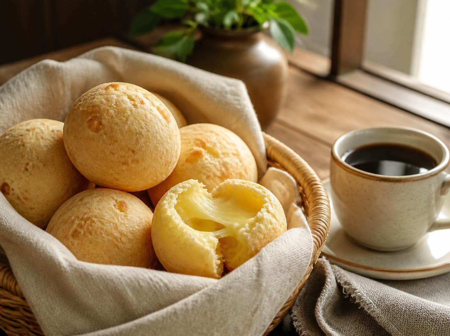 Pão de queijo caseiro quentinho na cestinha