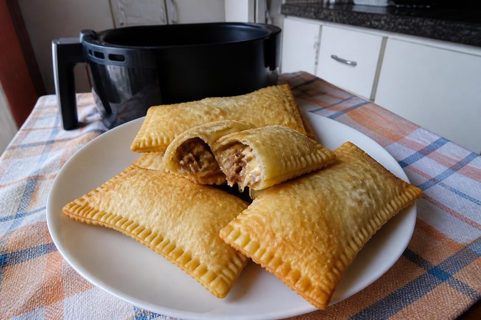 Pastéis feitos na air fryer com massa pronta, dourados e sequinhos, um deles aberto mostrando o recheio de carne, num prato branco
