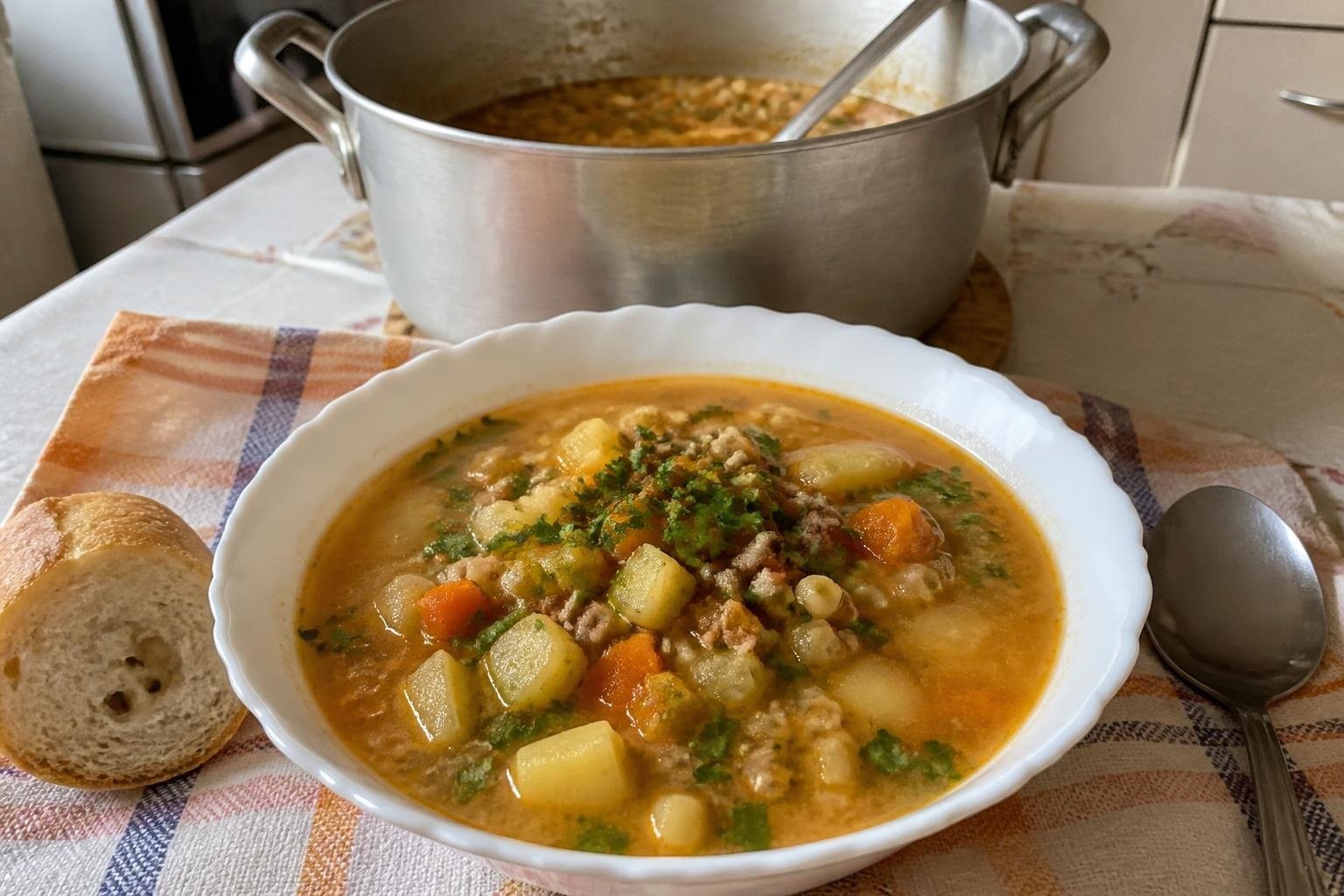 Prato fundo de sopa de legumes com carne moída, batata, cenoura, macarrãozinho e salsinha, com a panela de alumínio ao fundo